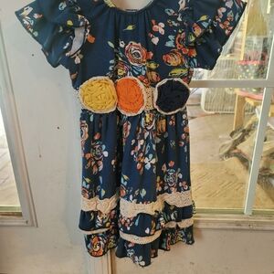 Navy Floral Kids Dress with Ruffle Sleeves